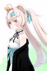 1girl ahoge animal_ears bare_shoulders bear_ears bear_girl bear_hair_ornament black_jacket black_ribbon blue_bow blue_ribbon blush bow breasts brown_eyes brown_hair cardigan choker closed_mouth collar collarbone crown detached_collar dress frilled_choker frilled_collar frilled_dress frills gradient_background green_background grey_eyes hair_intakes hair_ornament hair_ribbon hairclip highres jacket long_hair long_sleeves looking_at_viewer looking_to_the_side medium_breasts milfy_(vrchat) mini_crown off_shoulder open_cardigan open_clothes open_jacket ribbon simple_background sleeveless sleeveless_dress solo strapless strapless_dress suzuki-shi tilted_headwear twintails very_long_hair vrchat white_background white_dress x_hair_ornament