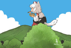 1girl animal_ears black_skirt blue_sky chopsticks closed_eyes cloud commentary_request dated day detached_sleeves eating food full_body hat holding holding_chopsticks inubashiri_momiji mountain on_tree onikobe_rin outdoors red_hat red_skirt shirt short_hair sitting skirt sky sleeveless sleeveless_shirt solo tail tokin_hat touhou tree turtleneck turtleneck_shirt two-tone_skirt white_hair white_sleeves wolf_ears wolf_girl wolf_tail
