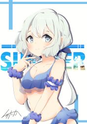 Rule 34 | 1girl, absurdres, bikini, blue eyes, blue scrunchie, breasts, cleavage, commentary request, highres, konno junko, kurotaka, long hair, looking at viewer, low twintails, medium breasts, mismatched bikini, scrunchie, smile, solo, swimsuit, twintails, upper body, white hair, wrist scrunchie, zombie land saga