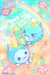 :3 blue_skin bottle chibi chibi_only closed_eyes coca-cola colored_skin colorful commentary creature creature_focus daikin english_commentary flower food fruit heart heisei heisei_retro hibiscus highres hue_shifting ice_cream_cone lemon mascot neogeopet no_humans orange_(fruit) orange_slice pichonkun qoo_(character) rainbow sparkle