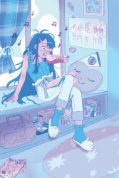 1girl alternate_costume animal-themed_footwear artist_name asymmetrical_footwear beamed_eighth_notes beamed_sixteenth_notes blue_hair blue_shirt blue_socks blue_theme book boombox box cd_case character_name curtains danganronpa:_trigger_happy_havoc danganronpa_(series) eighth_note enoshima_junko eyelashes flower full_body hair_brush hair_ornament hairclip heart highres holding holding_brush holding_hair_brush indoors maizono_sayaka messy_hair mismatched_footwear music musical_note non-web_source one_eye_closed open_book open_mouth page_number pants picture_frame poster_(object) quarter_note r0bou shirt singing sitting sixteenth_note sleeveless sleeveless_shirt slippers smile socks solo star_(symbol) stuffed_animal stuffed_toy teddy_bear teeth tissue tissue_box vogue_(magazine) white_pants white_slippers