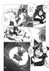 2girls animal_ears dialogue_box drill_hair finger_to_mouth fingernails fox_ears fox_girl fox_tail gem giant giantess greyscale highres imaizumi_kagerou mermaid monochrome monster_girl multiple_girls numbered open_mouth saliva size_difference smile stomach_(organ) sweat tail teeth touhou translated translation_request utopia vore wakasagihime wide-eyed