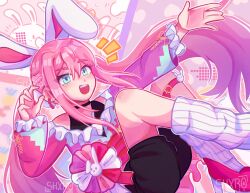 1girl alternate_costume alternate_hairstyle animal_ears aubrey_(faraway)_(omori) aubrey_(omori) blue_eyes blush earrings fake_animal_ears forest_bunny_(omori) high_heels highres jewelry long_hair long_sleeves omori open_mouth pink_hair pink_shoes ponytail shoes shxro524 smile socks solo teeth upper_teeth_only white_socks