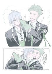 2boys absurdres bangs_pinned_back black_gloves black_jacket black_necktie chestnut_mouth closed_eyes diagonal-striped_clothes diagonal-striped_necktie gloves green_hair green_vest grey_eyes grey_hair hand_puppet highres holding_another&#039;s_wrist jacket kiss kissing_cheek long_sleeves male_focus multiple_boys necktie night_raven_college_uniform puppet salttt_twst sebek_zigvolt silver_vanrouge simple_background striped_clothes stuffed_animal stuffed_crocodile stuffed_toy surprised twisted_wonderland upper_body vest white_background white_necktie yaoi yellow_eyes