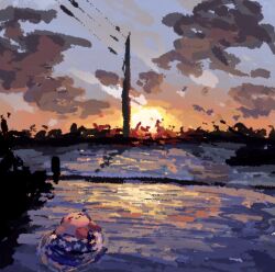 1boy blush_stickers callum closed_eyes cloud cloudy_sky dark kirby kirby_(series) lying nintendo no_humans no_nose on_back outdoors sky smile sun sunset swim_ring water