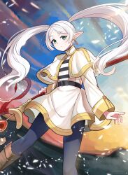 1girl absurdres belt belt_buckle black_belt black_pantyhose boots buckle capelet cloud cloudy_sky collared_capelet earrings elf falling_petals frieren gold_earrings green_eyes high_collar highres hiroshi_(hunter-of-kct) holding holding_staff jewelry large_ears long_hair looking_at_viewer outdoors pantyhose petals pointy_ears shirt skirt sky solo sousou_no_frieren staff standing twintails white_capelet white_shirt white_skirt