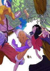 2boys black_hair clenched_teeth commentary_request copyright_name highres male_focus monkey_d._luffy multiple_boys o-ring one_piece open_clothes open_shirt orange_shorts profile purple_sash red_shirt sash scar scar_on_face shirt short_hair shorts simple_background sugita_shuu teeth white_background