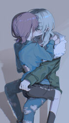 2girls absurdres black_camisole black_skirt black_socks blue_jacket blue_pants brown_hair camisole closed_eyes commentary earclip english_commentary girls_band_cry green_jacket grey_background grey_hair highres iseri_nina jacket kawaragi_momoka kiss long_sleeves low_twintails multicolored_hair multiple_girls pants roots_(hair) short_hair short_twintails sitting sitting_on_lap sitting_on_person skirt socks sweatdrop twintails ydpfa yuri