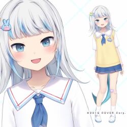 Rule 34 | 1girl, amashiro natsuki, animated, blue eyes, blue hair, blunt bangs, collared shirt, fins, fish tail, full body, gawr gura, gawr gura (school uniform), grey hair, hololive, hololive english, krrg hitsugi, live2d, looking at viewer, medium hair, multicolored hair, official alternate costume, official art, school uniform, shark girl, shark tail, sharp teeth, shirt, sidelocks, tail, teeth, vest, video, virtual youtuber, white shirt, yellow vest