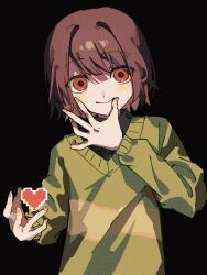 1other black_background brown_hair chara_(undertale) commentary green_sweater hand_on_own_face heart highres looking_at_viewer medium_hair red_eyes sashimisu simple_background smile solo straight-on striped_clothes striped_sweater sweater swept_bangs undertale upper_body