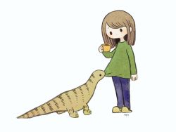 1girl ant ayu_(mog) black_eyes blush brown_hair bug closed_mouth cup denim female_focus green_sweater head_tilt holding holding_cup insect jeans lizard long_sleeves looking_at_viewer medium_hair mug original pants purple_pants signature simple_background slippers solid_oval_eyes solo standing sweater swept_bangs white_background