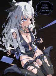 Rule 34 | 1girl, ?, ??, alternate costume, ankle boots, armpit cutout, belt, belt pouch, black boots, black gloves, black thighhighs, boots, breasts, captured, clothing cutout, commentary, cone hair bun, double bun, english commentary, english text, fingerless gloves, gloves, grey hair, gurumie, hair bun, high heels, highres, hololive, hololive indonesia, leash, leash pull, leotard, long hair, medium breasts, multicolored leotard, navel, open mouth, pouch, purple eyes, sitting, solo, speech bubble, thigh belt, thigh strap, thighhighs, torn clothes, torn thighhighs, two-tone leotard, vestia zeta, virtual youtuber, wariza, zipper, zipper pull tab