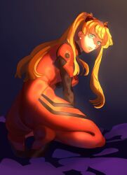 1girl absurdres arm_support artist_request ass blue_eyes bodysuit breasts brown_hair cowboy_shot curvy expressionless highres huge_ass kneeling long_hair looking_at_viewer looking_back mecha_pilot_suit neon_genesis_evangelion outdoors parted_lips plugsuit_(evangelion) red_bodysuit signature simple_background solo souryuu_asuka_langley squatting standing tsundere very_long_hair wide_hips