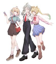 3girls absurdres ahoge animal_ear_fluff animal_ears aqua_eyes aqua_hair bag blonde_hair braid breasts casual cat_ears closed_eyes enna_alouette ethyria full_body grabbing_another&#039;s_arm gradient_hair grey_hair handbag highres holding holding_phone kaera long_hair medium_hair millie_parfait multicolored_hair multiple_girls nijisanji nijisanji_en phone pink_hair purple_eyes reimu_endou side_ponytail simple_background small_breasts smile suspenders twintails virtual_youtuber white_background