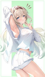 ! !! 1girl absurdres arm_up armpits black_hairband blonde_hair blue_eyes blue_pupils breasts commentary cowboy_shot fingernails firefly_(honkai:_star_rail) gradient_hair green_hair green_nails hairband hand_up highres honkai:_star_rail honkai_(series) jacket kesa_pasa large_breasts light_blush long_hair looking_at_viewer midriff_peek miniskirt multicolored_eyes multicolored_hair nail_polish orange_eyes parted_lips shirt shorts shorts_under_skirt skirt smile solo sweat thighs two-tone_eyes v very_long_hair white_jacket white_shirt white_shorts white_skirt