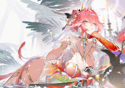 1girl absurdres bare_shoulders bikini black_bow body_markings bow braid breasts bright_pupils changli_(laurel_nymph)_(wuthering_waves) changli_(wuthering_waves) chinese_commentary closed_mouth colored_extremities commentary_request dress feather_hair gem groin hair_bow hair_extensions head_wreath highres holding holding_gem large_breasts long_hair looking_at_viewer lying multicolored_hair official_alternate_costume on_stomach orange_eyes pink_hair red_dress red_hands ring_hair_extensions smile solo swimsuit thighs twin_braids two-tone_hair very_long_hair white_bikini white_hair white_pupils wuthering_waves yushe_quetzalli