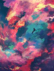 Rule 34 | 1other, cable, cloud, cloud focus, cloudy sky, diving mask, diving suit, dkaism, falling, full body, goggles, multicolored clouds, original, outstretched arms, outstretched legs, painterly, pastel colors, pink clouds, scuba gear, scuba tank, sky