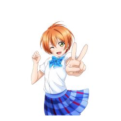1girl blue_bow blue_bowtie blue_skirt blush bow bowtie clenched_hand cowboy_shot diagonal-striped_bow diagonal-striped_bowtie diagonal-striped_clothes dress_shirt hand_up hoshizora_rin looking_at_viewer love_live! love_live!_school_idol_festival love_live!_school_idol_project murota_yuuhei official_art one_eye_closed open_mouth orange_hair otonokizaka_school_uniform outstretched_arm plaid_clothes plaid_skirt pleated_skirt reaching reaching_towards_viewer school_uniform shirt short_hair skirt smile solo striped_clothes teeth transparent_background upper_teeth_only v white_shirt yellow_eyes