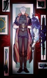 00quanta 1boy 1girl absurdres belt black_belt black_coat black_footwear black_pants black_shirt blood chest_belt closed_eyes closed_mouth coat collared_coat couple fingerless_gloves gloves hair_down highres honkai_(series) honkai_impact_3rd indoors kevin_kaslana leaning_forward long_coat long_hair lying mei_(honkai_impact) on_back own_hands_together pants picture_frame purple_hair ripples shirt sleeves_rolled_up white_coat white_hair