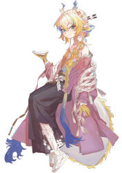 1girl absurdres arknights black_skirt blonde_hair blue_hair chinese_commentary closed_mouth colored_extremities commentary_request cup dragon_girl dragon_horns dragon_tail earrings flower full_body green_eyes hair_between_eyes hair_flower hair_ornament highres holding horns jewelry light_blush long_hair long_sleeves looking_at_viewer multicolored_hair official_alternate_costume pointy_ears sakazuki sandals sao7 shu_(arknights) shu_(spring_feast)_(arknights) sketch skirt smile solo split_mouth tail very_long_hair white_sandals