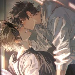 2boys ace_of_diamond bed black_shirt blush brown_eyes brown_hair closed_mouth eye_contact grey_hoodie highres hood hood_down hoodie lifting_another&#039;s_clothes looking_at_another male_focus mask_lift miyuki_kazuya multiple_boys on_bed pillow sato_(sato_1_11) sawamura_eijun seductive_smile shirt short_hair sideburns sleep_mask smile teeth yaoi