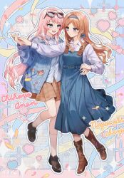 2girls absurdres bang_dream! bang_dream!_it&#039;s_mygo!!!!! black_shoes blue_eyes blue_hairband blue_jacket blue_sky blush boots brown_boots brown_hair brown_skirt character_name chihaya_anon closed_mouth collared_shirt commentary dress_shirt english_commentary eyewear_on_head grey_eyes grey_hair hairband heart highres holding_hands jacket long_hair long_sleeves multiple_girls nagasaki_soyo open_mouth outline pink_hair plaid_clothes plaid_skirt pleated_skirt shirt shoes skirt sky socks soha_blan teeth upper_teeth_only white_outline white_shirt white_socks