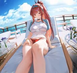 Rule 34 | 1girl, ahoge, animated, bag, bare legs, beach umbrella, bikini, bikini tug, bikini under clothes, black choker, blue sandals, blue sky, blush, bouncing breasts, bracelet, breasts, breasts squeezed together, chair, character doll, choker, cleavage, clothes lift, clothes pull, copyright name, curvy, doll, dolphin, dot nose, feet, goddess of victory: nikke, green hairband, green sleeves, groin, hair ornament, hairband, handbag, highres, jewelry, large breasts, legs, lifting own clothes, long hair, looking at viewer, lying, multiple bracelets, multiple girls, navel, official alternate costume, official alternate hairstyle, official art, on back, partially submerged, ponytail, railing, rapi (nikke), rapi (red hood) (nikke), rapi (red hood) (red flavor) (nikke), red eyes, red hair, ryona, sandals, see-through bag, see-through clothes, see-through shirt, shiny clothes, shiny skin, shirt, shirt lift, shirt tug, short sleeves, sideboob, sky, smile, solo focus, sound, string bikini, sunbathing, sunglasses, swimsuit, t-shirt, tagme, teasing, thighs, thong, thong bikini, tile floor, tiles, umbrella, underboob, video, water, wet, wet bikini, wet clothes, wet floor, wet shirt, wet swimsuit, white-framed eyewear, white shirt, wide hips