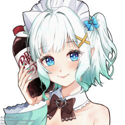 1girl aqua_hair aqua_nails black_bow blue_eyes bottle bow closed_mouth commission detached_collar dr_pepper gradient_hair hair_ornament highres holding holding_bottle indie_virtual_youtuber looking_at_viewer maid_headdress mint_fantome multicolored_hair nail_polish pointy_ears simple_background smile soda_bottle solo takoroki triangular_headpiece virtual_youtuber white_background white_hair x_hair_ornament