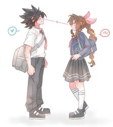 1boy 1girl 7_(milu577610) aerith_gainsborough alternate_costume bag bandaid bandaid_on_arm black_hair black_pants black_skirt blue_eyes blue_jacket blush braid braided_ponytail brown_hair chinese_commentary closed_mouth collared_shirt commentary_request eye_contact final_fantasy final_fantasy_vii final_fantasy_vii_ever_crisis from_side full_body green_eyes hair_ribbon heart height_difference highres jacket kneehighs looking_at_another neckerchief necktie pants parted_bangs pink_ribbon pleated_skirt ponytail profile red_neckerchief red_necktie ribbon school_uniform shirt shoulder_bag sidelocks simple_background skirt smile socks spiked_hair spoken_blush spoken_heart standing white_background white_shirt white_socks zack_fair