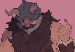 armor bare_shoulders beard black_eyes bracer breastplate brown_hair brown_shirt dungeon_meshi dwarf facial_hair fake_horns full_beard fur_trim hand_up helm helmet horned_headwear horned_helmet horns index_finger_raised leather_armor long_hair looking_to_the_side muscular muscular_male pink_background senshi_(dungeon_meshi) shimmyoh shirt simple_background sleeveless sleeveless_shirt solid_circle_pupils twitter_username upper_body white_fur