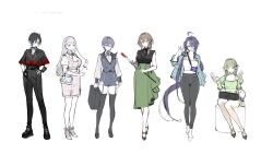 6+girls absurdres ahoge alternate_costume azur_lane bag bellona_(azur_lane) black_footwear black_hair blue_jacket blunt_bangs breasts brown_hair commentary_request drill_hair duca_degli_abruzzi_(azur_lane) foch_(azur_lane) full_body giuseppe_garibaldi_(azur_lane) green_hair hair_between_eyes handbag hands_up highres holding holding_footwear holding_shoes holding_staff holding_suitcase holding_unworn_clothes jacket large_breasts long_hair long_sleeves looking_at_viewer multiple_girls ohisashiburi pink_eyes plymouth_(azur_lane) purple_hair red_eyes shoes short_hair short_sleeves simple_background sitting smile staff suitcase ulrich_von_hutten_(azur_lane) unworn_shoes white_background