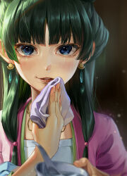 1girl absurdres beads blue_eyes bowl brown_background chinese_clothes duijin_ruqun earrings eyelashes fingernails flat_chest food green_hair hair_beads hair_ornament hair_over_shoulder half_updo handkerchief hands_up hanfu highres holding holding_bowl holding_handkerchief jewelry kusuriya_no_hitorigoto lipstick long_hair makeup maomao_(kusuriya_no_hitorigoto) multi-tied_hair necklace official_alternate_costume parted_lips reaching reaching_towards_viewer rearea_7777 smile solo soup spoon straight-on upper_body wiping_mouth