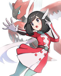 1girl absurdres black_eyes black_hair boots dress gen_2_pokemon gloves gonzarez hair_ornament highres mega_pokemon mega_scizor nintendo official_alternate_costume open_mouth pantyhose pokemon pokemon_masters_ex red_dress scarf scizor selene_(pokemon) selene_(special_costume)_(pokemon) short_hair two-tone_dress white_dress white_footwear white_gloves white_scarf