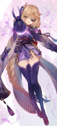 1girl absurdly_long_hair absurdres bird blonde_hair blush braid breasts bridal_gauntlets commentary_request cosplay crow electricity eyepatch fischl_(genshin_impact) full_body genshin_impact green_eyes hair_ornament hair_over_one_eye hands_up highres japanese_clothes kimono long_hair looking_at_viewer low-braided_long_hair low-tied_long_hair md5_mismatch obi oz_(genshin_impact) parted_lips purple_kimono purple_thighhighs raiden_shogun raiden_shogun_(cosplay) resolution_mismatch sandals sash smile source_smaller tassel thighhighs torriet very_long_hair wide_sleeves
