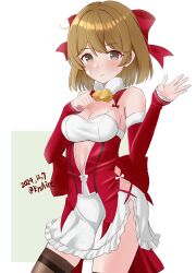 1girl ame-san arm_warmers bandaid bandaid_on_face bow bridal_gauntlets brown_eyes brown_hair brown_thighhighs corset cosplay dated fur-trimmed_arm_warmers fur_trim hair_bow highres johnston_(christmas)_(kancolle) johnston_(kancolle) johnston_(kancolle)_(cosplay) kantai_collection oboro_(kancolle) red_arm_warmers red_bodice red_bow red_bridal_gauntlets red_corset red_sleeves short_hair solo thighhighs twitter_username waving