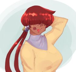 1girl 1shermieaday breasts curvy dark-skinned_female dark_skin earrings female_focus hand_up heart huge_breasts jewelry large_breasts long_hair ponytail red_hair shermie_(kof) smile smiley_face sweater tan the_king_of_fighters thick_lips tongue tongue_out twintails