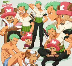 2boys abs antlers antlers_through_headwear bandaged_arm bandages bandaid bandaid_on_cheek bandaid_on_face bandaid_on_nose bandana bandana_around_arm black_bandana black_boots black_pants blue_nose boots brown_fur character_name commentary_request earrings elbow_rest from_side full_body green_eyes green_hair hand_in_pocket haramaki hat highres horns indian_style jewelry katana looking_at_another male_focus multiple_boys multiple_swords multiple_views nude oekakiboya on_shoulder one_piece pants pink_hat profile reindeer_antlers reindeer_boy roronoa_zoro scar scar_on_chest sheath sheathed shirt short_hair sitting soap_bubbles standing sword toned toned_male tony_tony_chopper towel upper_body washing_another weapon white_shirt