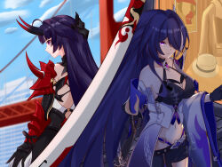 Rule 34 | 2girls, acheron (honkai: star rail), april (upja7358), armor, back, bandaged arm, bandages, belt, black belt, black choker, black gloves, black horns, black shirt, black shorts, breasts, chain, chain around arm, chinese commentary, choker, cleavage, closed mouth, coat, collarbone, commentary, company connection, cowboy shot, criss-cross halter, crop top, crossover, day, elbow gloves, gauntlets, gloves, gradient horns, hair ornament, halterneck, highres, honkai: star rail, honkai (series), honkai impact 3rd, horns, in-franchise crossover, large breasts, long hair, looking at viewer, median furrow, midriff, mihoyo, multicolored hair, multicolored horns, multiple girls, navel, outdoors, pauldrons, purple hair, raiden mei, raiden mei (herrscher of thunder), red horns, sawashiro miyuki, shirt, shorts, shoulder armor, single bare shoulder, single elbow glove, single wide sleeve, standing, streaked hair, very long hair, voice actor connection, white coat