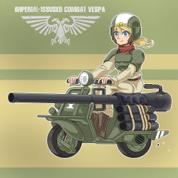 1girl astra_militarum blonde_hair blue_eyes boots bulletproof_vest cannon highres mick19988 military military_uniform motor_vehicle motorcycle neckerchief ponytail red_neckerchief riding scooter solo vespa warhammer_40k