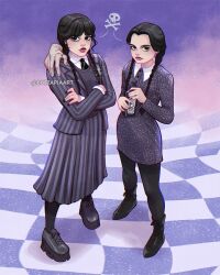 2girls addams_family artist_name black_boots black_dress black_eyes black_hair black_jacket black_necktie black_pantyhose black_skirt boots bottle braid collared_shirt crossed_arms disembodied_hand dress dual_persona holding holding_bottle jacket long_hair looking_at_viewer luztapiaart multiple_girls necktie nevermore_academy_school_uniform open_clothes open_jacket pantyhose school_uniform shirt skirt skull_and_crossbones twin_braids watermark wednesday_(netflix) wednesday_addams white_shirt
