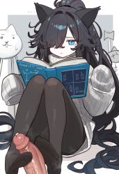 ... 1girl animal_ears axe_cat_(nyanko_daisensou) black_hair black_pantyhose blue_eyes book cat_ears cat_girl closed_mouth commentary dark_kasli_(nyanko_daisensou) ebora english_commentary feet flipped_hair footjob gross_cat_(nyanko_daisensou) hair_over_one_eye highres knees_up legs long_hair long_sleeves loss_(meme) meme no_shoes nyanko_daisensou one_eye_covered open_book pantyhose penis sitting sleeves_past_fingers sleeves_past_wrists soles solo sweater toe_seam toes very_long_hair white_sweater