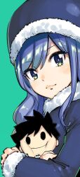 Rule 34 | 1girl, blue coat, blue eyes, blue hair, blue hat, character doll, coat, doll, fur-trimmed coat, fur-trimmed headwear, fur-trimmed sleeves, fur trim, green background, hat, hugging doll, hugging object, juvia lockser, lips, long hair, looking at viewer, mashima hiro, official art, solo, swept bangs, unjou no fairy tale, upper body
