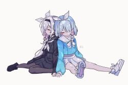 2_pycat 2girls arona_(blue_archive) black_hairband black_jacket black_pantyhose black_sailor_collar black_serafuku black_shirt black_shoes blue_archive blue_hair blue_shirt braid closed_eyes closed_mouth colored_inner_hair grey_hair hair_over_one_eye hair_ribbon hairband highres jacket long_hair multicolored_hair multiple_girls pantyhose pink_hair plana_(blue_archive) ribbon sailor_collar school_uniform serafuku shirt shoes sidelocks single_braid sitting skirt sleeping two-tone_hair white_hairband white_ribbon white_sailor_collar white_shoes white_skirt