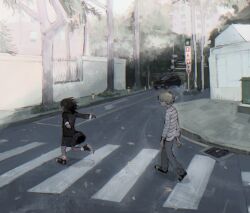 1boy 1girl black_hair black_jacket black_skirt building car child crosswalk grey_pants highres jacket kgeroua leaf light_brown_hair long_sleeves medium_hair motor_vehicle original outdoors outstretched_arms pants pleated_skirt road_sign running school_uniform shirt short_hair sign skirt storm_drain striped_clothes striped_shirt tree walking wall white_shirt
