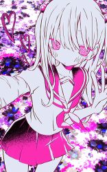 1girl @_@ collarbone cowboy_shot heart highres long_hair looking_at_viewer noroi_(rnatataki) original partially_colored pink_eyes pink_sailor_collar pink_skirt pleated_skirt sailor_collar skirt solo v white_hair