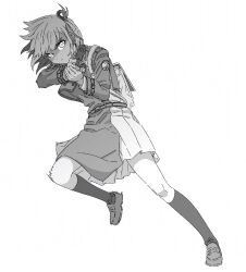 Rule 34 | 1girl, backpack, bag, bob cut, bright pupils, closed mouth, commentary request, dress, emblem, floating hair, full body, greyscale, gun, hair ribbon, handgun, highres, holding, holding gun, holding weapon, jpeg artifacts, kneehighs, long sleeves, looking at viewer, lycoris recoil, lycoris uniform, monochrome, motion lines, nishikigi chisato, ocharicorico, pleated dress, ribbon, running, serious, shoes, short hair, simple background, socks, solo, weapon, white background