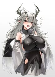 1girl :d arknights armpit_crease black_shirt blush breasts commentary covered_erect_nipples cowboy_shot cropped_legs detached_sleeves fangs gradient_background grey_background grey_hair grey_skirt hair_between_eyes hands_on_own_hips highres horn/wood horns large_breasts long_hair looking_at_viewer matoimaru_(arknights) notice_lines oni oni_horns open_mouth pointy_ears red_eyes shirt short_eyebrows sideboob simple_background skirt smile solo standing taut_clothes teeth very_long_hair wide_sleeves