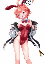 1girl absurdres ahoge animal_ears asymmetrical_bangs blue_archive bow bowtie braid breasts contrapposto detached_collar fake_animal_ears halo highleg highleg_leotard highres huge_ahoge jacket leotard looking_at_viewer mole mole_under_eye neon_(hhs9444) neru_(blue_archive) neru_(bunny)_(blue_archive) orange_hair playboy_bunny print_jacket rabbit_ears red_bow red_bowtie red_eyes red_leotard simple_background single_braid small_breasts solo strapless strapless_leotard sukajan tag white_background
