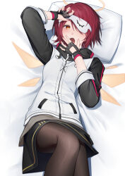 1girl absurdres arknights arm_up black_gloves black_sleeves blush brown_pantyhose commentary covering_own_mouth cowboy_shot exusiai_(arknights) fingerless_gloves gloves halo hand_over_own_mouth head_on_pillow highres jacket lying on_back one_eye_covered open_mouth orange_eyes pantyhose pillow pink_hair r_oot short_hair sleep_mask solo three-quarter_sleeves traditional_halo white_jacket yawning yellow_halo