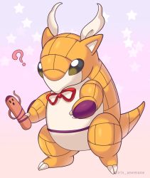 ? armor artist_name bow bowtie creatures_(company) full_body game_freak gen_1_pokemon gradient_background haniwa_(statue) holding holding_weapon iris_anemone joutouguu_mayumi nintendo pokemon pokemon_(creature) red_ribbon ribbon sandshrew star_(symbol) touhou vambraces weapon white_ribbon yellow_eyes
